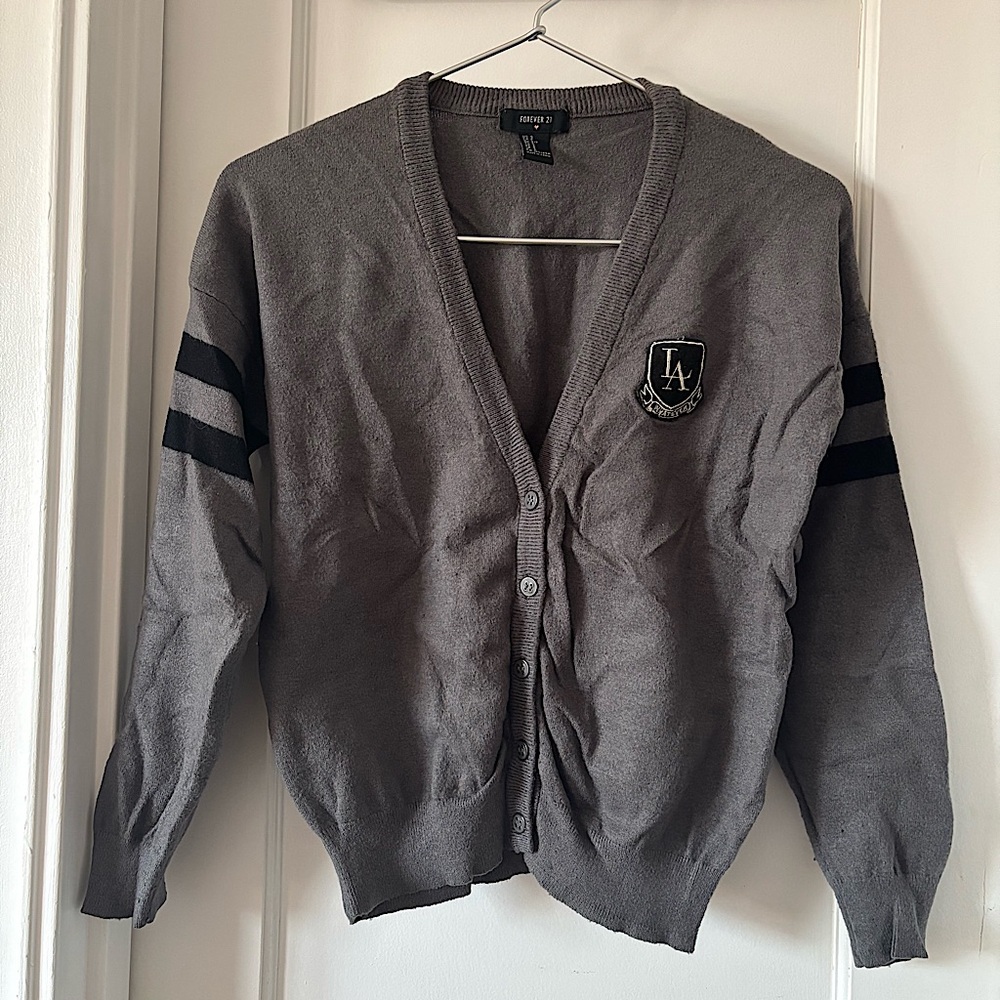 Forever 21 Black Gray Varsity Button Down Cardigan